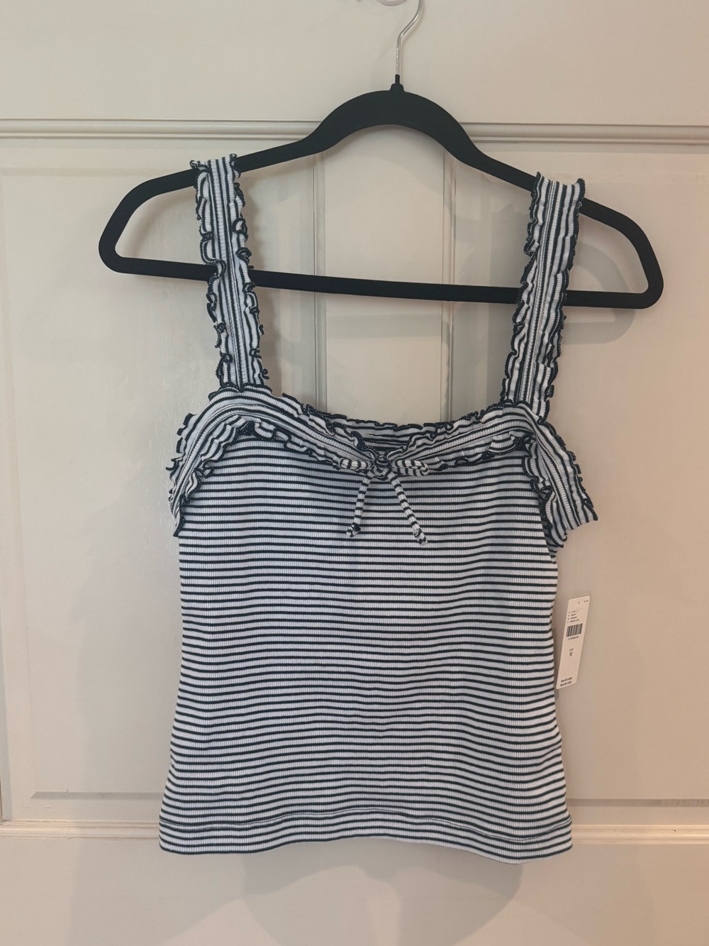 New Maeve Navy & White Striped Ruffle Tank bow cottagecore size M Anthropologie